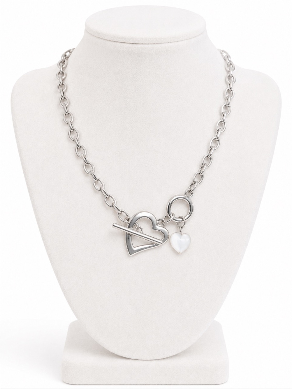 Silver-Tone Heart Toggle Necklace with White Heart Charm